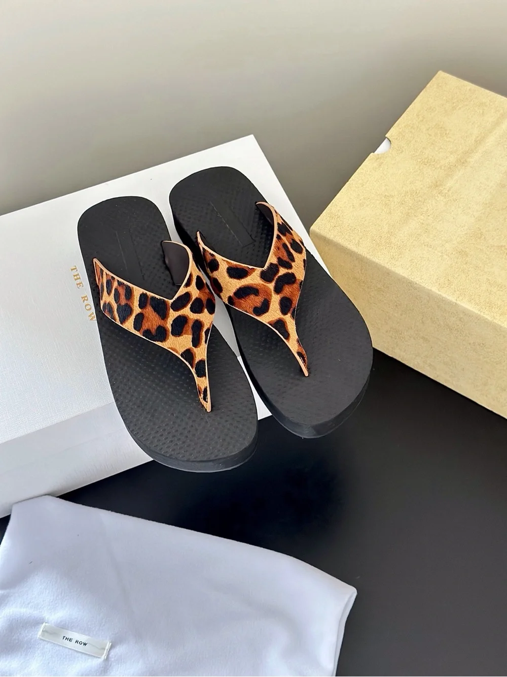 The Row Leopard-Print Thong Sandals with Black Footbed